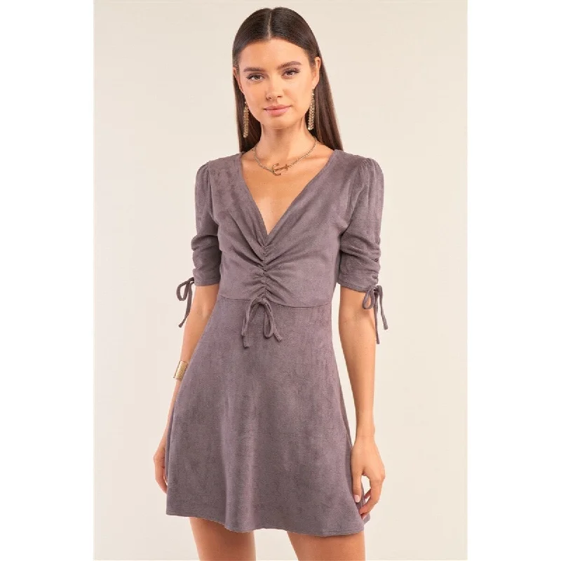 Charcoal Polyester Mini Dress with V-Neck Gathered Detail Tight Fit All-black Bodycon Dress