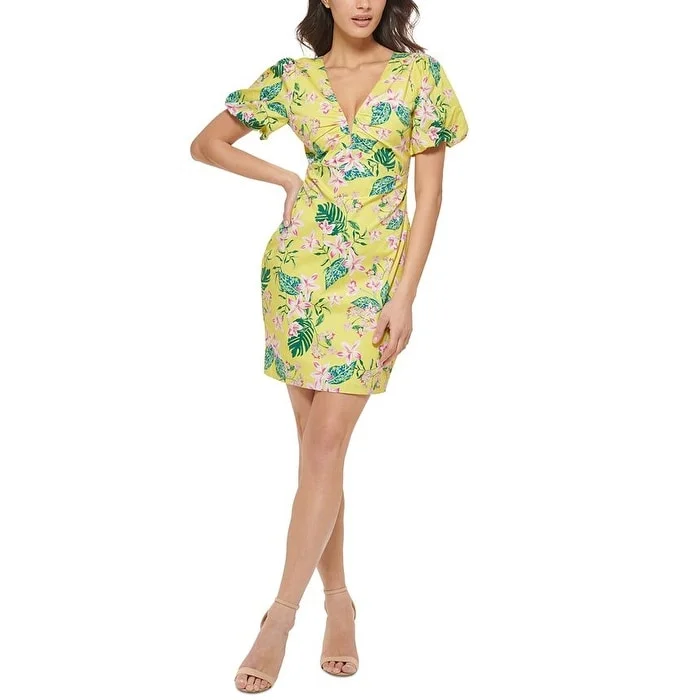 GUESS Women's Printed Puff Sleeve Bodycon Dress Yellow Size 6 Bodycon Dress Chic