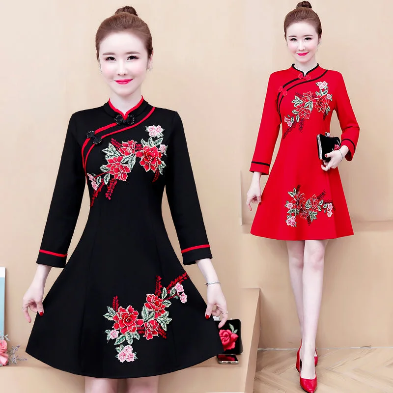 Plus Size Embroidery Long Sleeve Cheongsam Dress Plus Size Belted