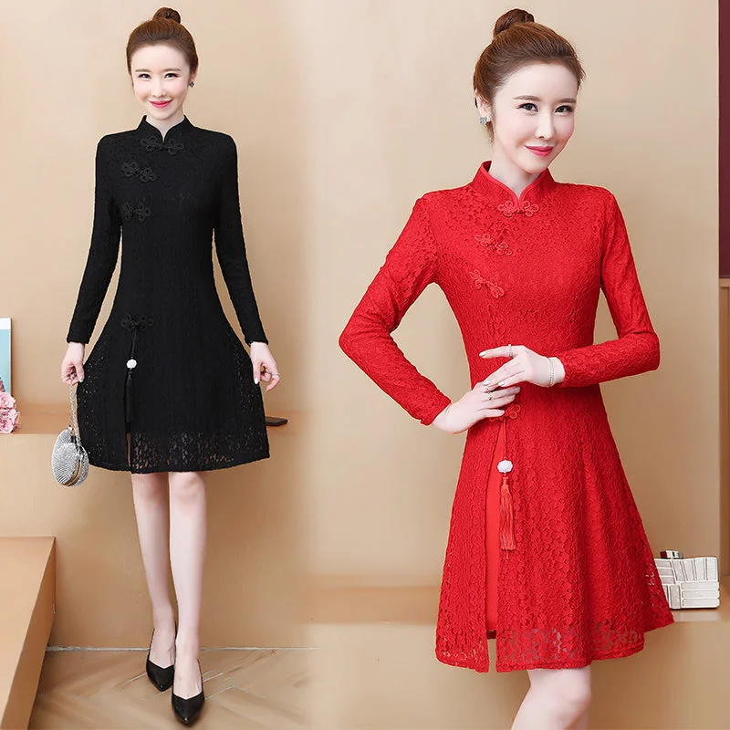 Plus Size Lace Cheongsam Dress Plus Size Ruched