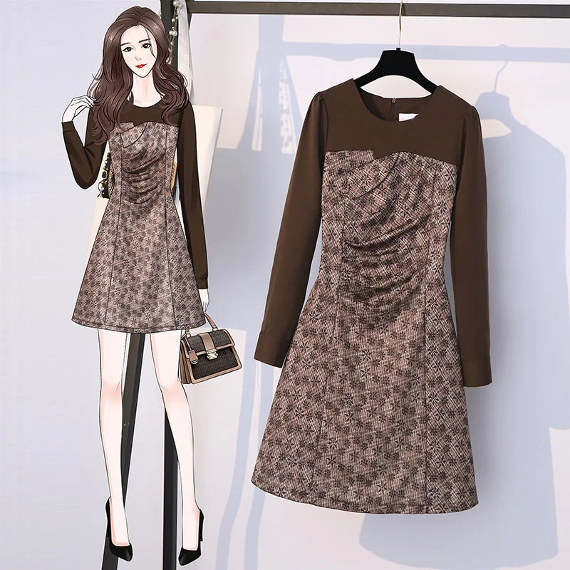 Plus size Korean brown checked dress Plus Size Swing