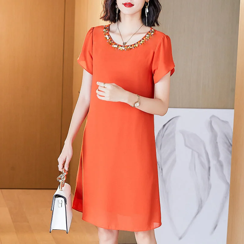 Plus Size Gems Orange Chiffon Dress Trendy Plus Size