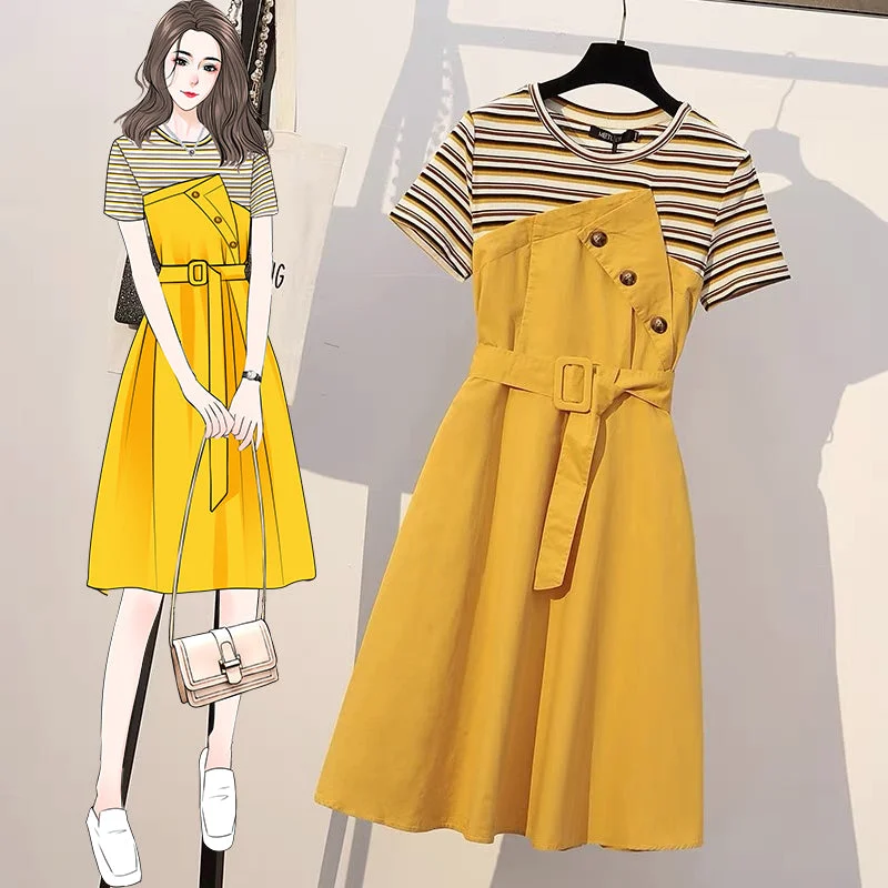 Plus Size Stripe Layer Yellow Dress Plus Size Fit-and-flare