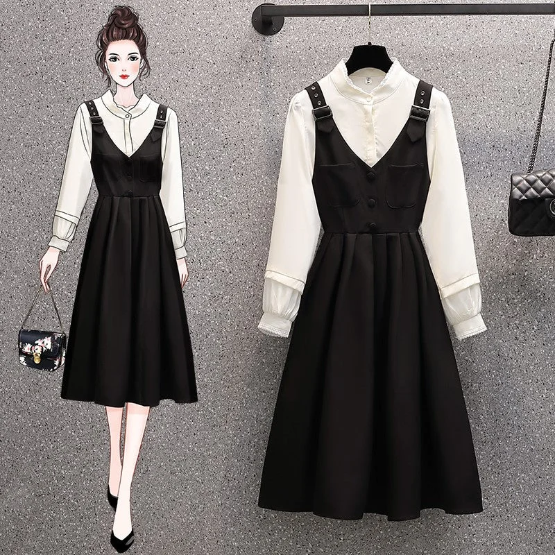 Plus Size Mandarin Collar Blouse and Buckle Pinafore Dress Set Plus Size Sleeves