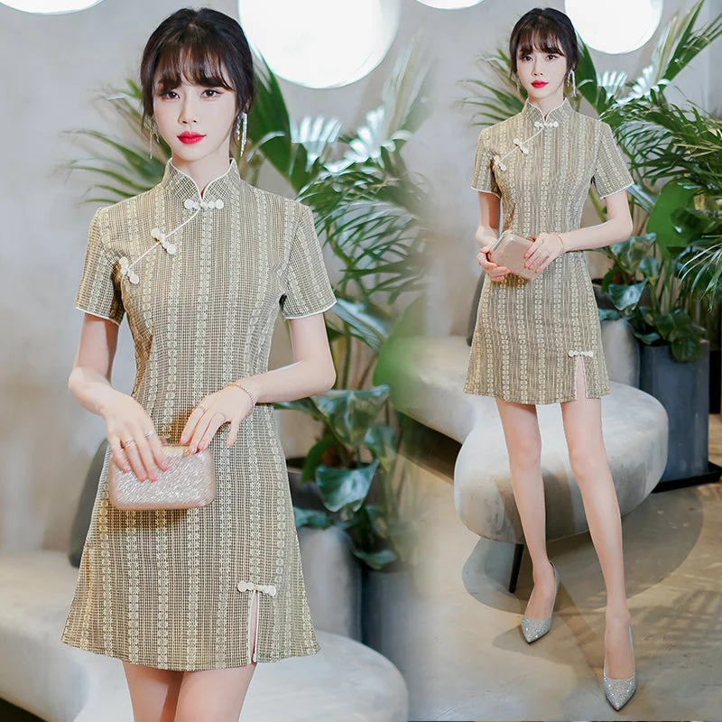 Plus Size Vintage Slit Checked Cheongsam Dress Plus Size Frock