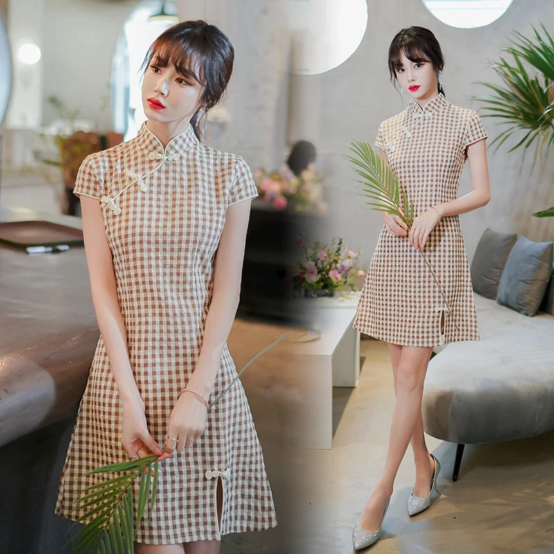 Plus Size Checked Cap Sleeve Cheongsam Dress Plus Size Formal