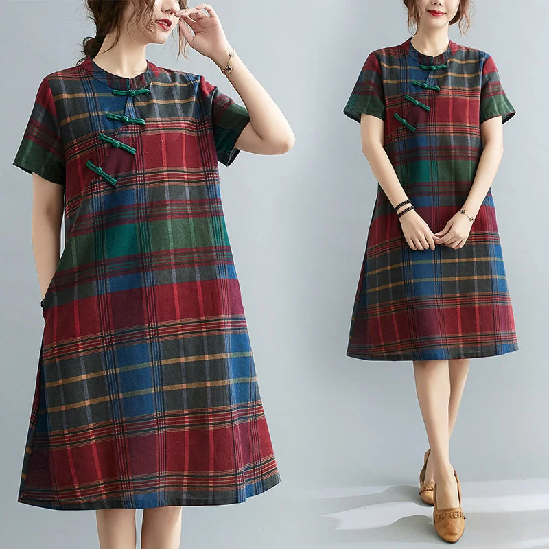 Plus Size Vintage Checks Cheongsam Dress Formal Plus Dress