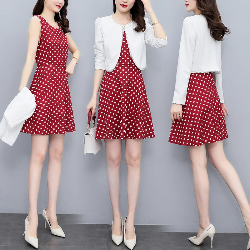 Plus Size Jacket and Polka Dots Sleeveless Dress Set Plus Size Mesh