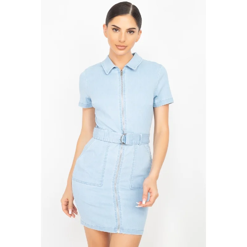 Light-Denim Belted Bodycon Collared Dress Chic Bodycon Fit