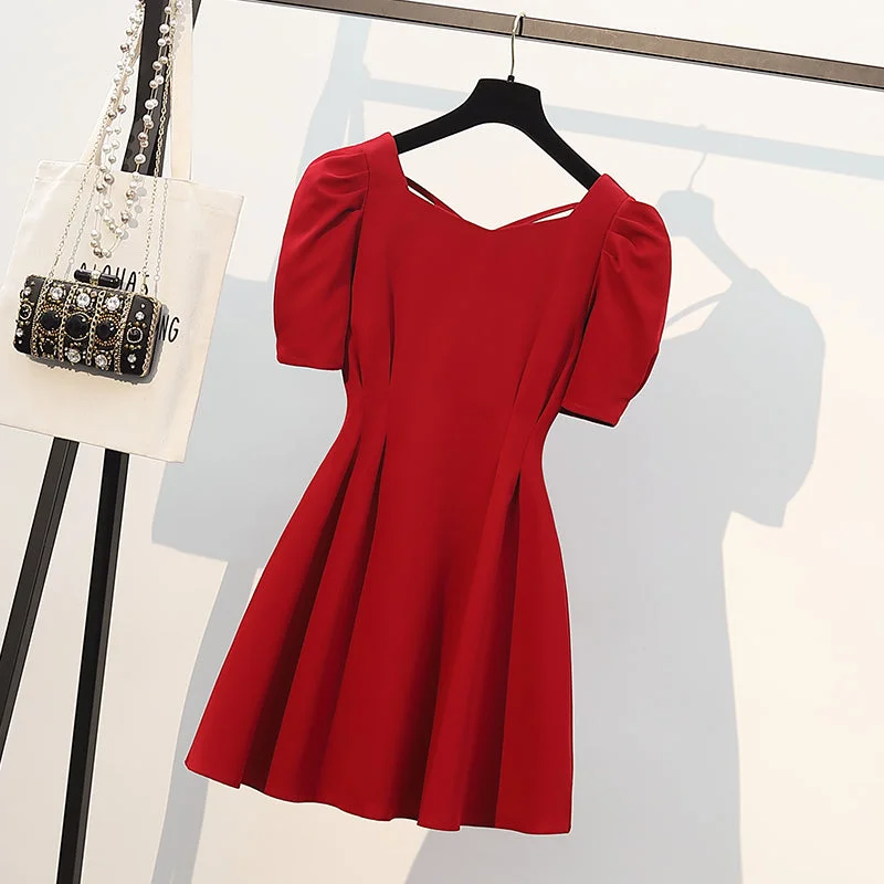 Plus size Korean red puff sleeve dress Summer Plus Dress