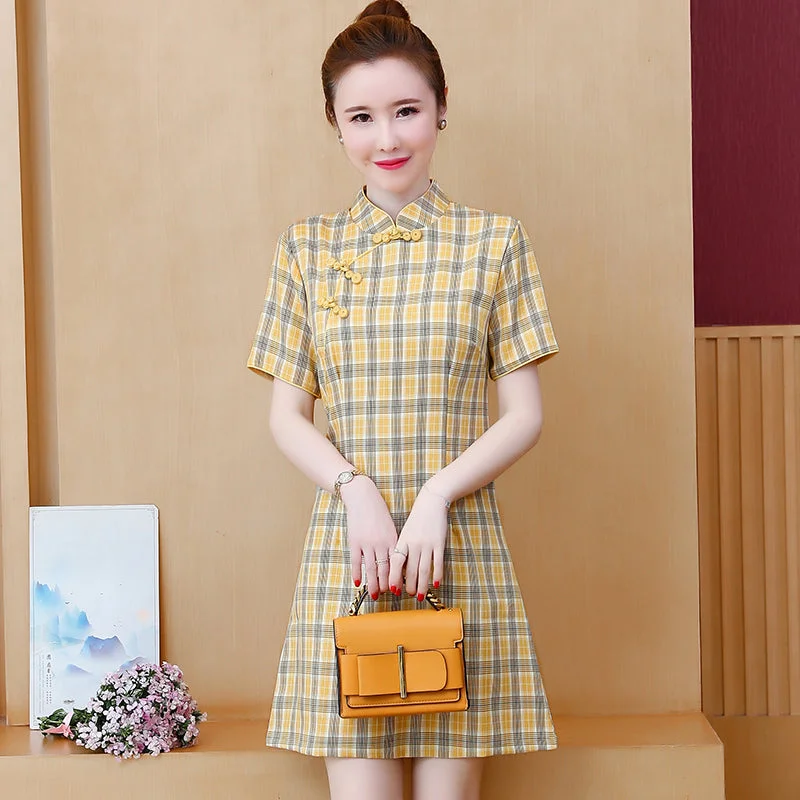 Plus Size Yellow Checked Cheongsam Dress Plus Size Boho