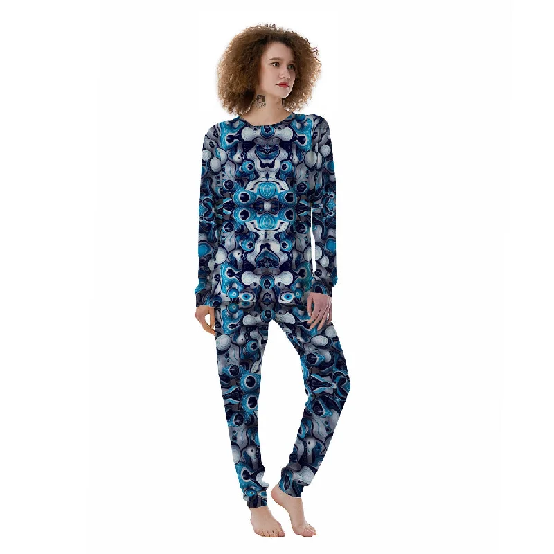 Abstract Wavy Bubbles Blue White Print Pattern Women's Pajamas Best pajama sets for lounging