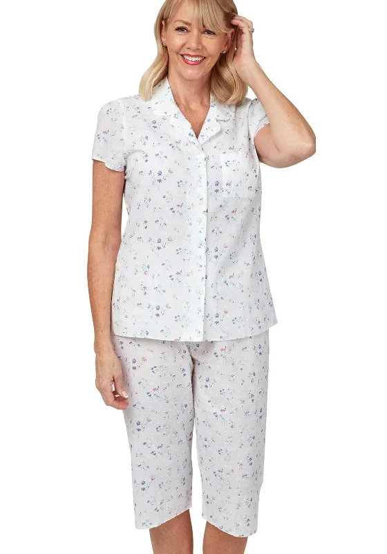 Marlon Floral Cotton Capri Pyjama Set, White & Blue Best pajama sets for cold weather