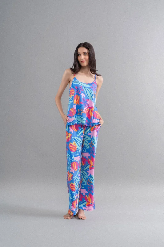 Hawaii Flower Modal Blue Pajama Set With Tank Top Discounted pajama sets