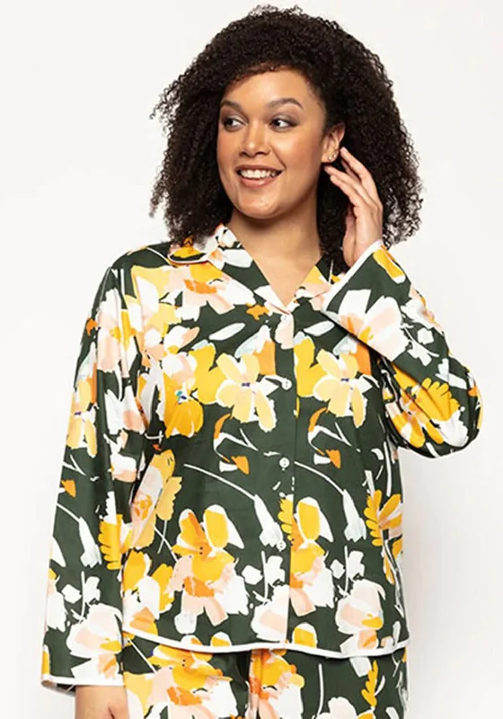 Cyberjammies Imogen Floral Print Pyjama Top, Green Three-piece pajama sets