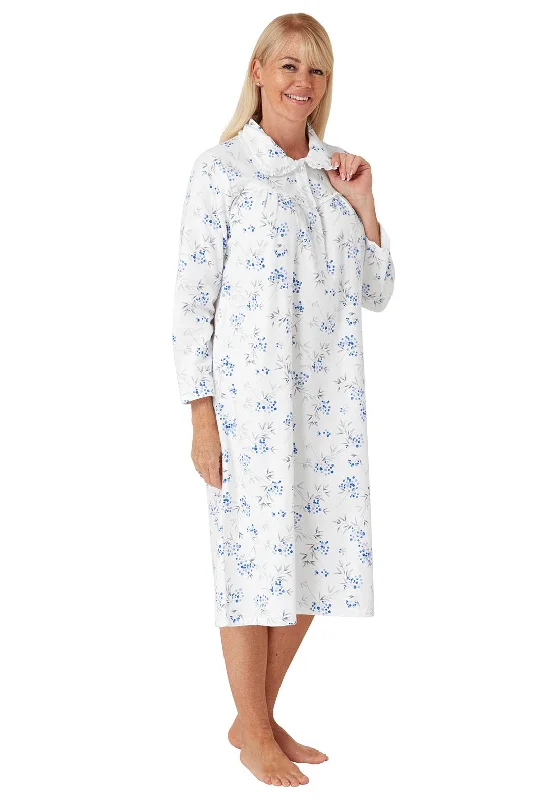 Marlon Floral Frill Collar Long Sleeve Nightdress, White and Blue Long sleeve pajama sets