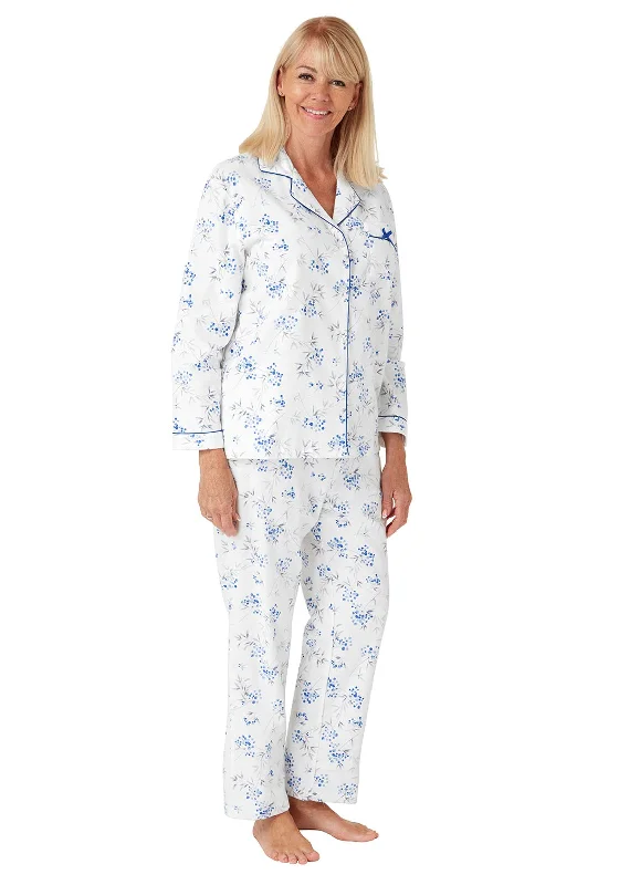 Marlon Floral Collar Long Sleeve Pyjama Set, White and Blue Short sleeve pajama sets