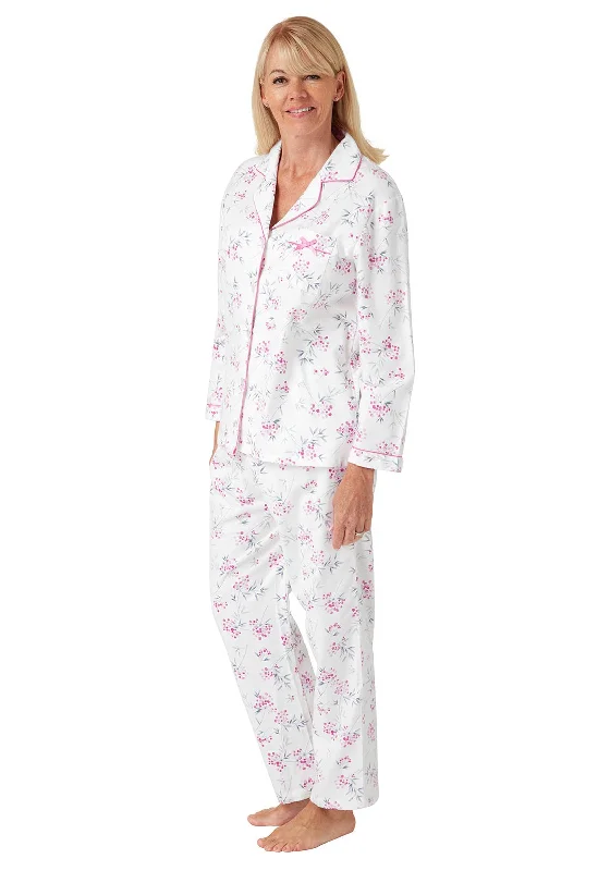 Marlon Floral Collar Long Sleeve Pyjama Set, White and Pink Button-up pajama sets