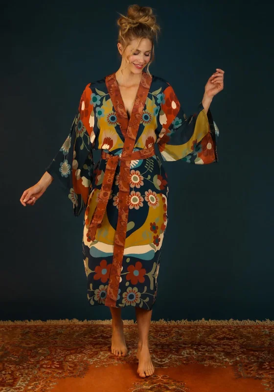 Powder Scandinavian Flora Kimono Gown, Navy Silk pajama sets