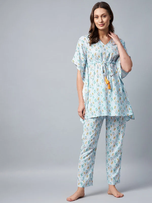 Women's Light Blue Floral Printed Kaftan Set - Stylestone Plus size pajama sets