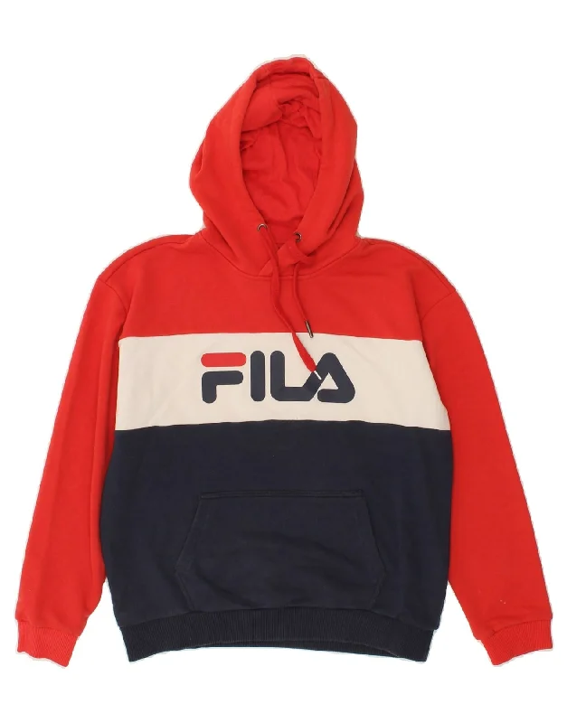 FILA Womens Graphic Hoodie Jumper UK 14 Medium Red Colourblock Cotton Gucci sweaters