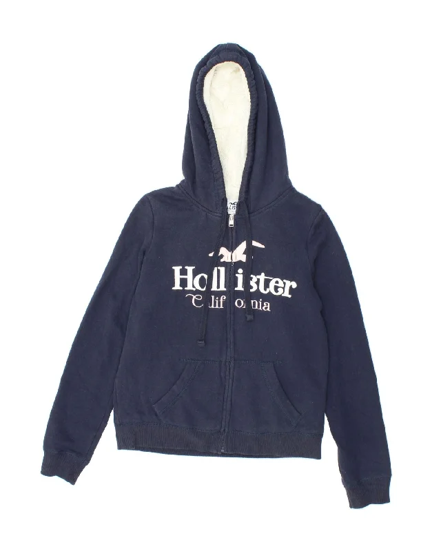 HOLLISTER Womens Graphic Zip Hoodie Sweater UK 6 XS Navy Blue Cotton Best sweaters for cold weather