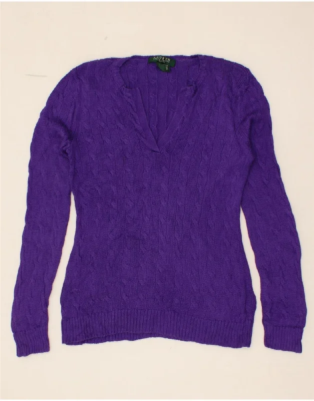 RALPH LAUREN Womens Petite V-Neck Jumper Sweater UK 10 Small Purple Cotton Lightweight sweaters