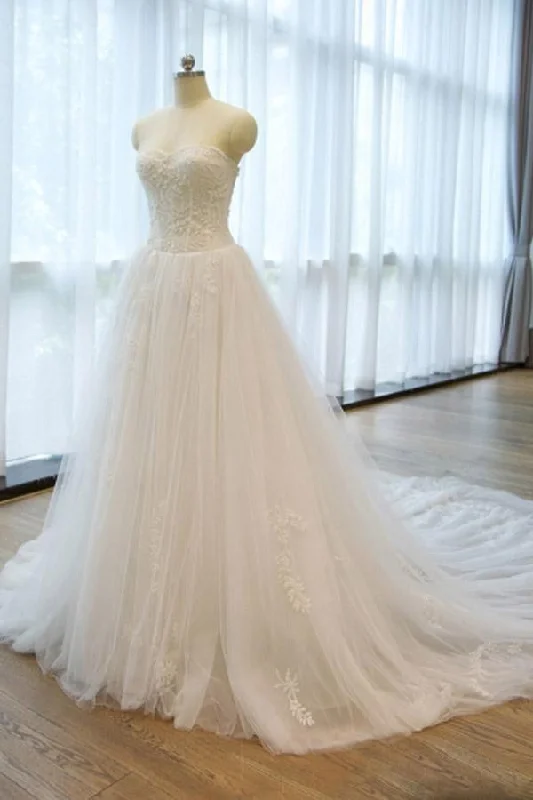 Ball Gown Strapless Lace Appliques A Line Chapel Train Wedding Dress with Beading WK297 Beaded Lace Wedding