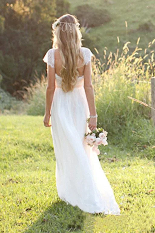 Beach A-Line Cap Sleeves Backless Lace Summer Scoop Open Back Ivory Wedding Dress WK700 Simple Satin Gown