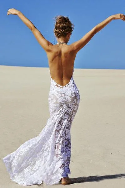 Beach Backless Sexy Mermaid Lace White Open Back Halter V-Neck Summer Wedding Dress WK698 Boho Wedding Gown