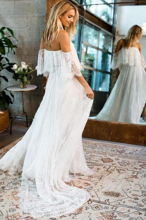 Beach Wedding Dresses Half Sleeve Off the Shoulder Lace Sexy Simple Boho Bridal Gowns W1029 Vintage Lace Dress