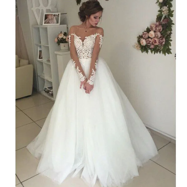 Bridal Unique Applique Long Sleeves Open Back Long Wedding Dresses, WG667 Crystal Wedding Dress