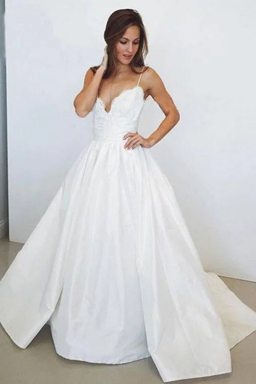 Charming A-Line Spaghetti Straps Ivory V-Neck Lace Sleeveless Wedding Dresses WK377 Sexy Satin Gown