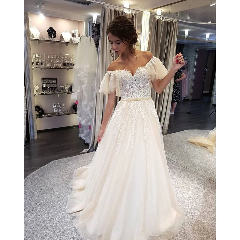 Charming Off the Shoulder Lace Affordable Long Brides Wedding Dresses, WG659 Timeless Wedding Dress