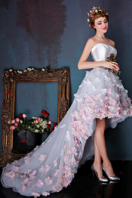 Charming Sweetheart Flowers Strapless Tulle Asymmetry Prom Dresses Wedding Dresses WK259 Illusion Lace Gown