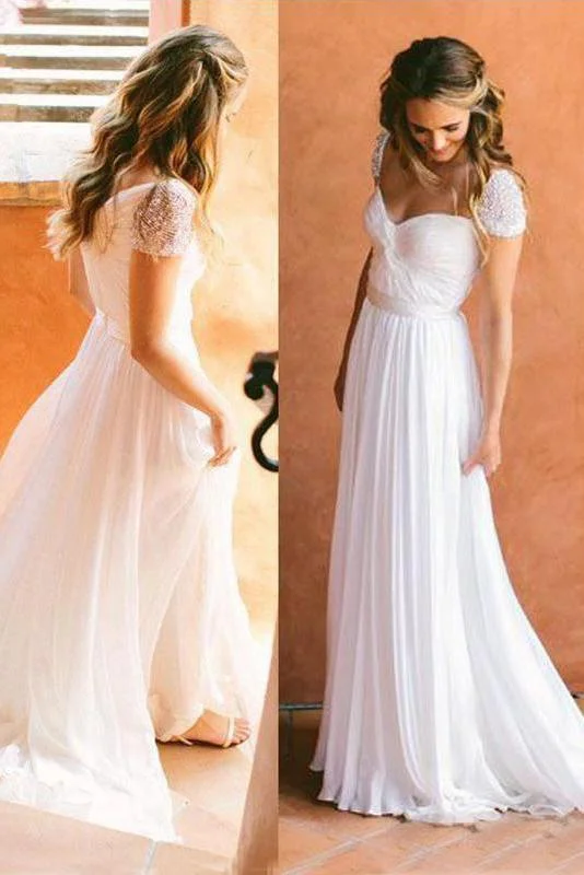 Cheap Sweetheart Beading Cap Sleeve Beads Chiffon A-Line Open Back Ruffles Wedding Dress WK863 Sexy Wedding Dress