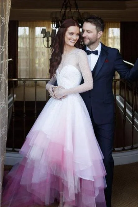 Chic A Line Sweetheart High Low Ombre Organza Long Sleeve V Back Wedding Dress WK324 Chic Bridal Gown