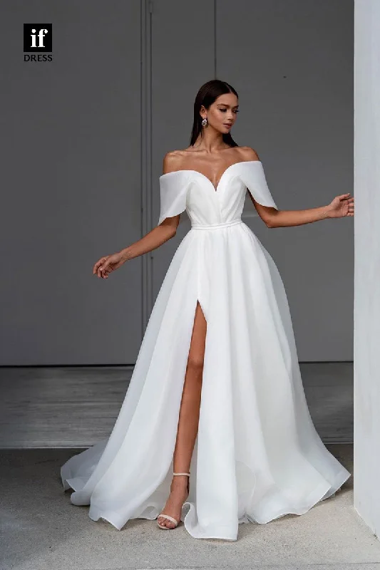 71063 - Off Shoulder V-Neck A-Line Cap Sleeves Boho Wedding Dress Sleeveless Wedding Dress