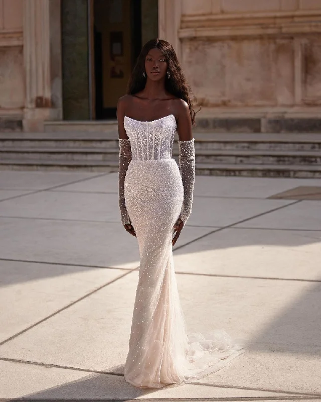 GW920 - Boat Neck Long Sleeves Pleated Fully Beaded Mermaid Wedding Dress Luxury Lace Gown