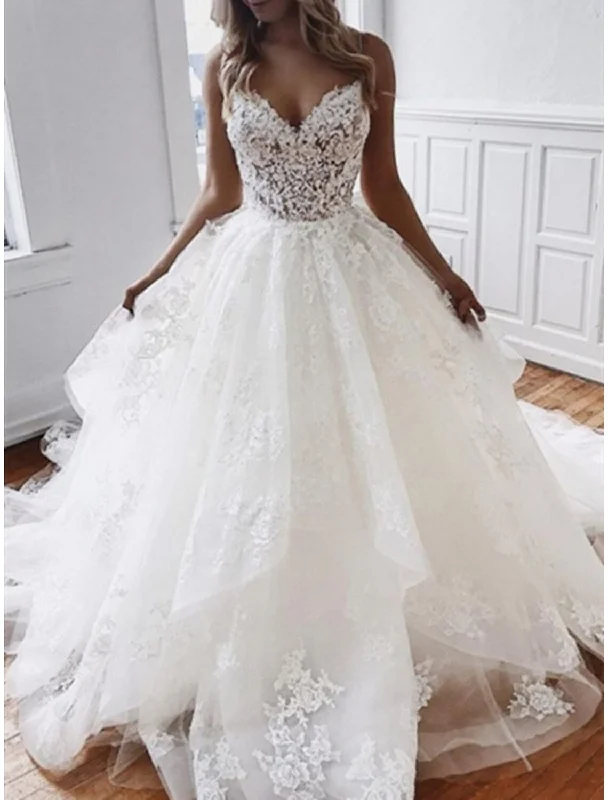 Engagement Formal Wedding Dresses Ball Gown Sweetheart Camisole Spaghetti Strap Chapel Train Lace Bridal Gowns With Appliques Lace Boho Dress