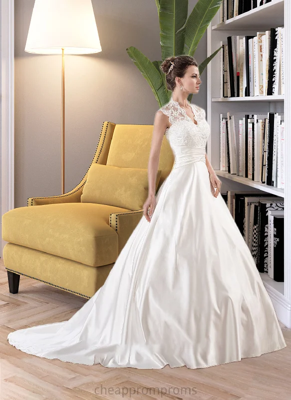 Gabriela Ball-Gown/Princess V-neck Court Train Satin Lace Wedding Dress With Ruffle STIP0013688 Elegant Lace Gown