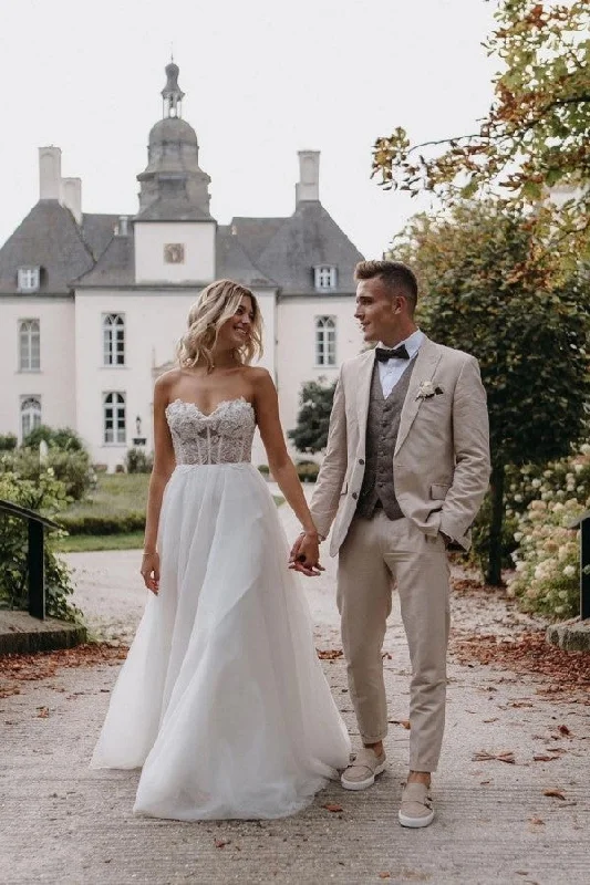 Gorgeous Long A-line Wedding Dress Sweetheart Front Slit With Lace Tulle Vintage Wedding Gown