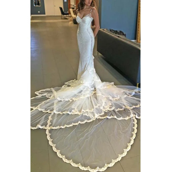 Gorgeous Mermaid Lace Unique Long Train Wedding Dresses, WG660 Lace V-neck Dress