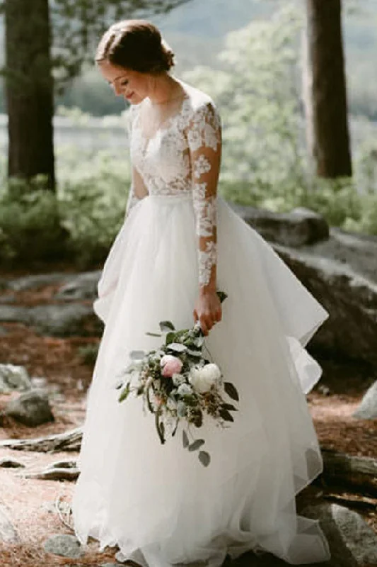 Lace Long Sleeve A-line Sheer Floor Length Wedding Dress With Tulle Floral Bridal Gown