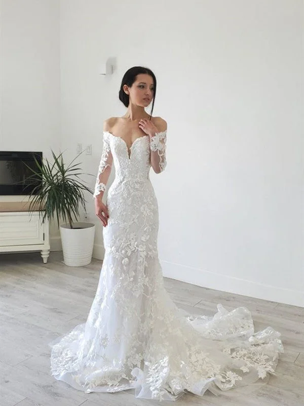 Long Sleeves Mermaid Wedding Dresses, Off Shoulder Lace Wedding Dresses, Bridal Gowns Long Sleeve Gown