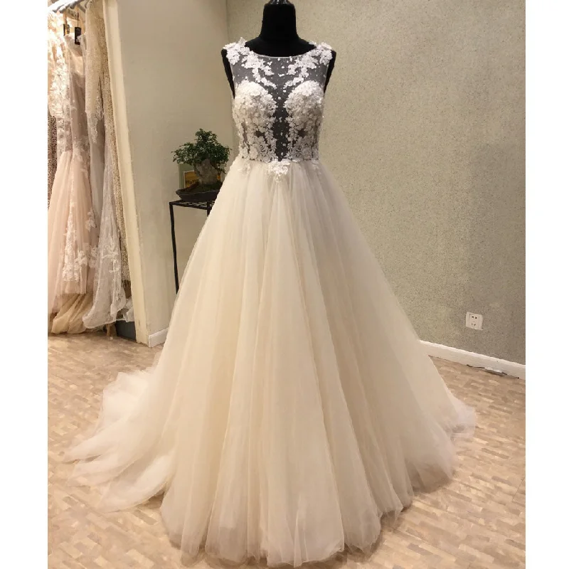 Popular Cheap Open Back Charming Applique Tulle Long Wedding Dresses, WG1226 Boho Chic Gown