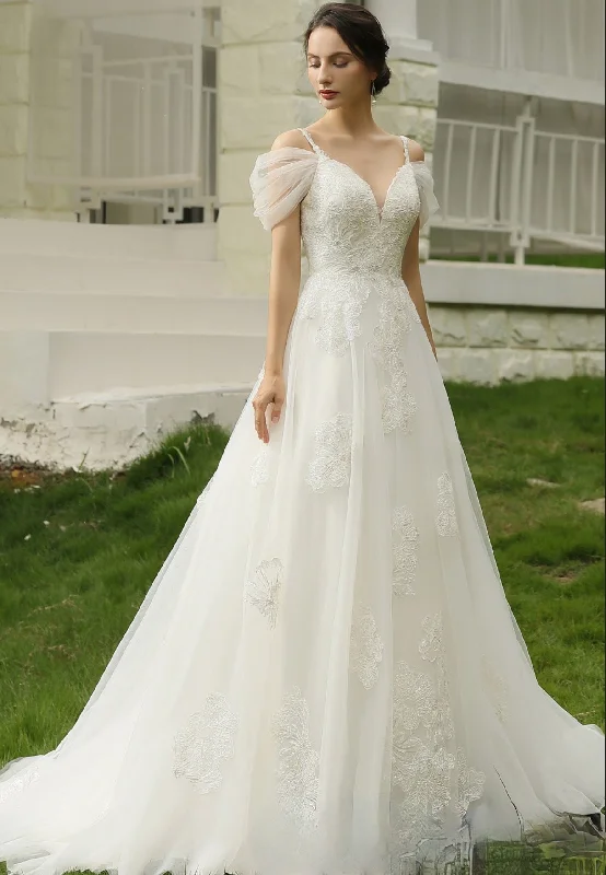 Romantic Glittery Lace Bridal Gown With Detachable Straps Ruffled Wedding Dress