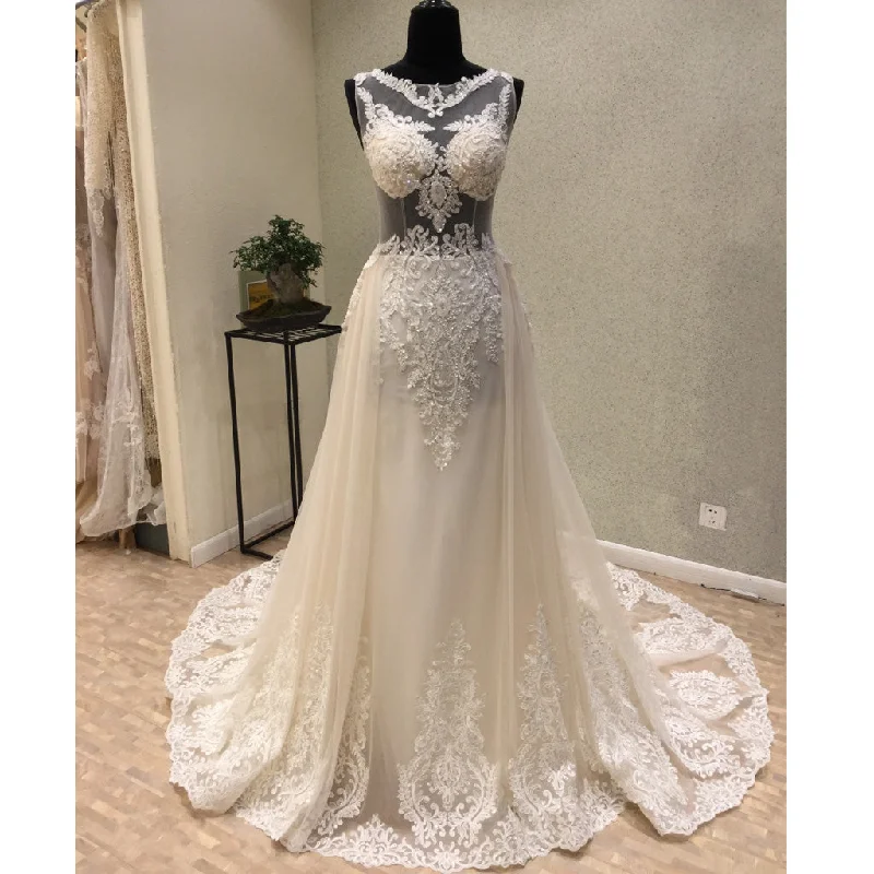 Sexy Seen Through Charming Applique Tulle Long Wedding Dresses, WG1227 A-line Bridal Dress