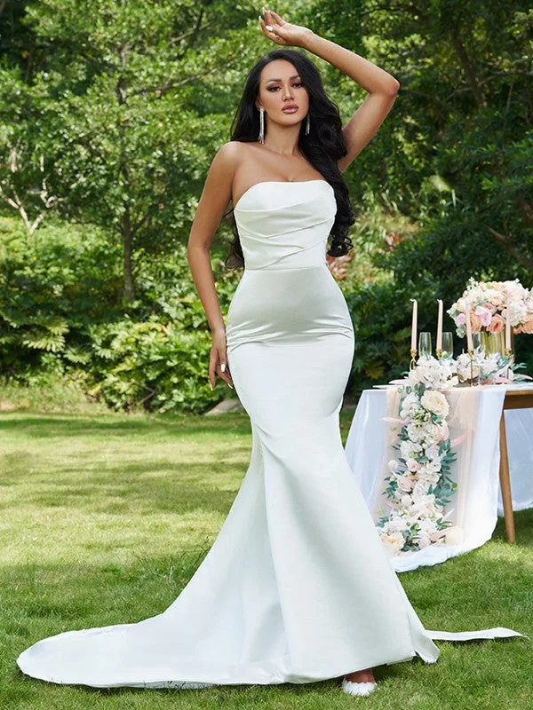 Trumpet/Mermaid Satin Ruched Strapless Sleeveless Sweep/Brush Train Wedding Dresses TPP0006371 Modern Lace Gown