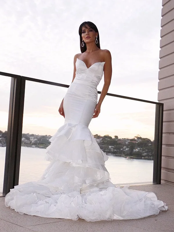 Trumpet/Mermaid Satin Sweetheart Sleeveless Layers Sweep/Brush Train Wedding Dresses TPP0006372 Classic Bridal Dress